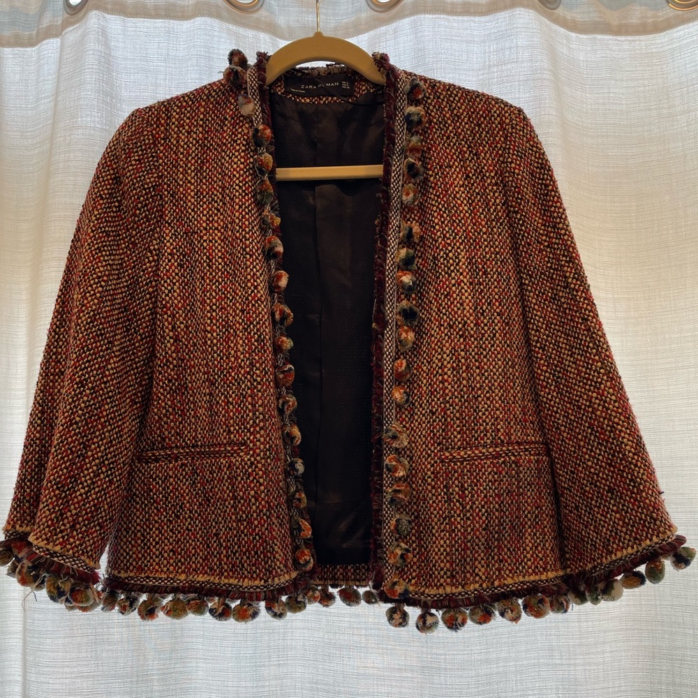 Zara Made in Spain Cropped Twill Jacket with Pom Pom details